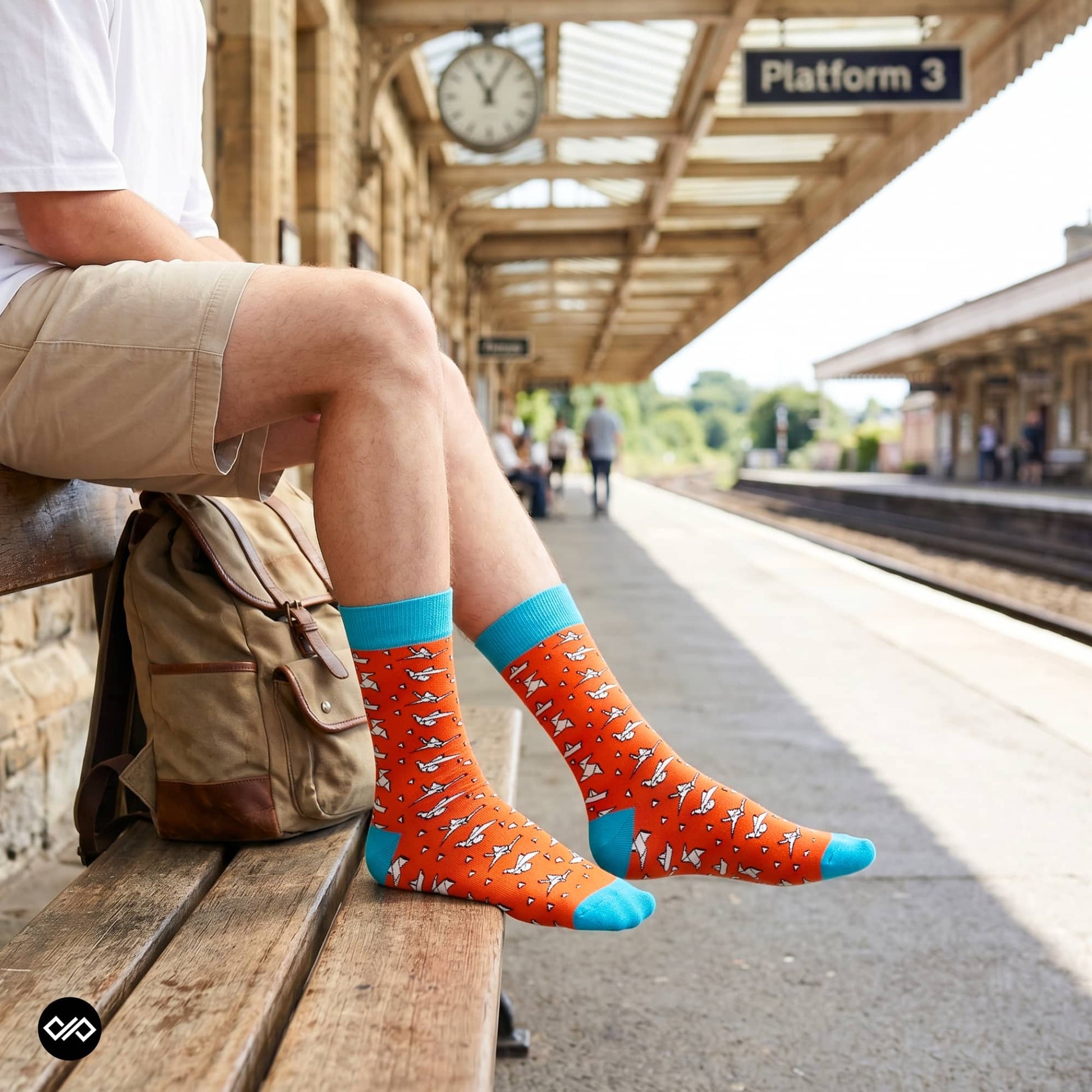 Origami paper plane crew socks at a train station platform with khaki shorts and travel backpack — Dynamocks