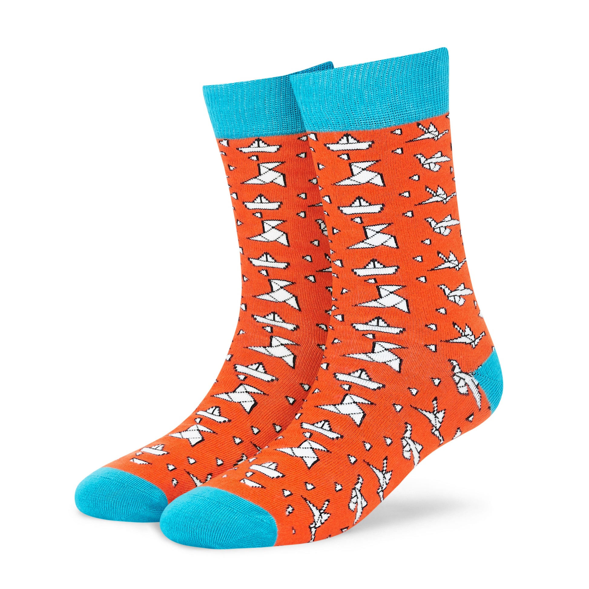 Origami orange and aqua crew socks with white paper plane designs for men and women — Dynamocks - Left Angle