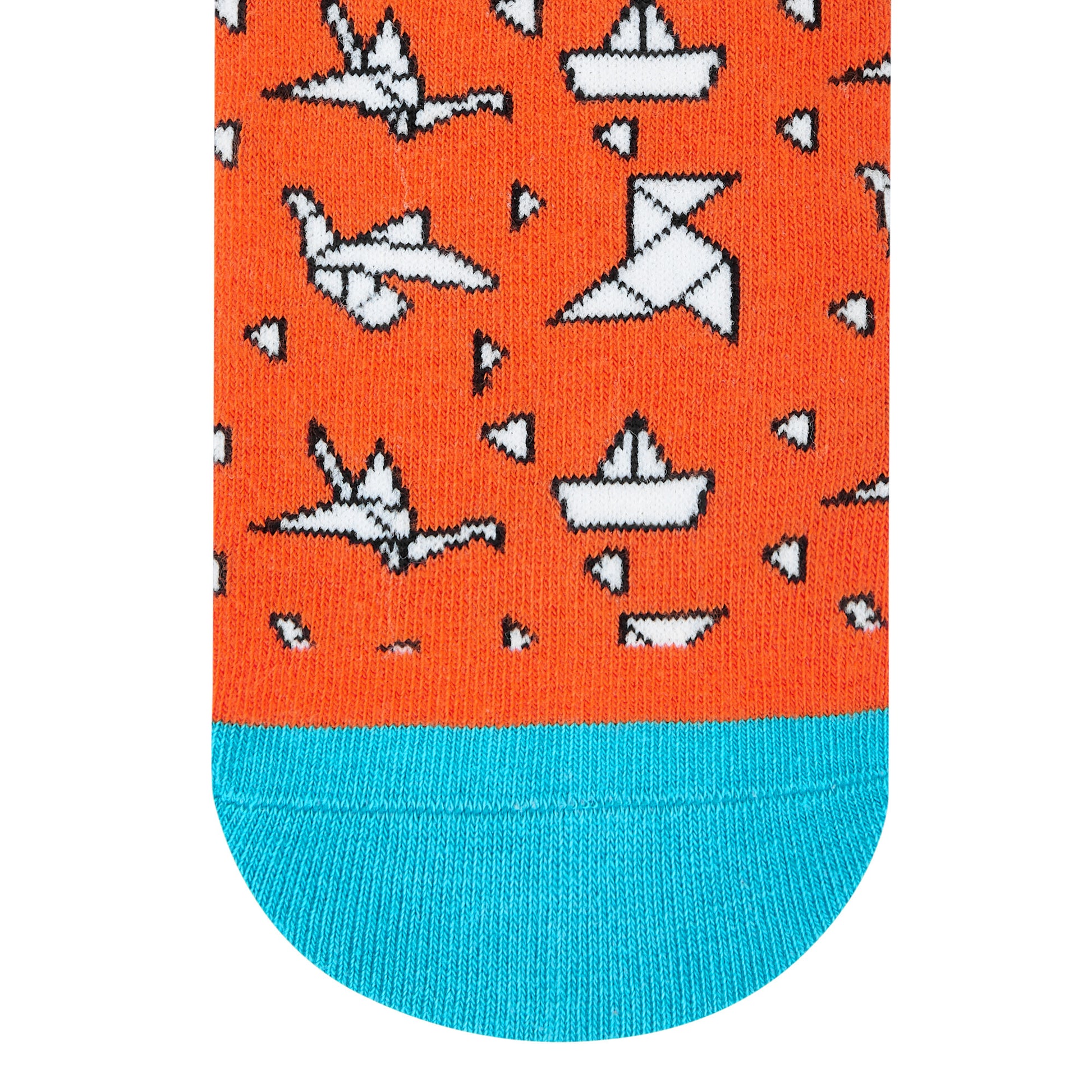 Origami orange and aqua crew socks with white paper plane designs for men and women — Dynamocks - Closeup
