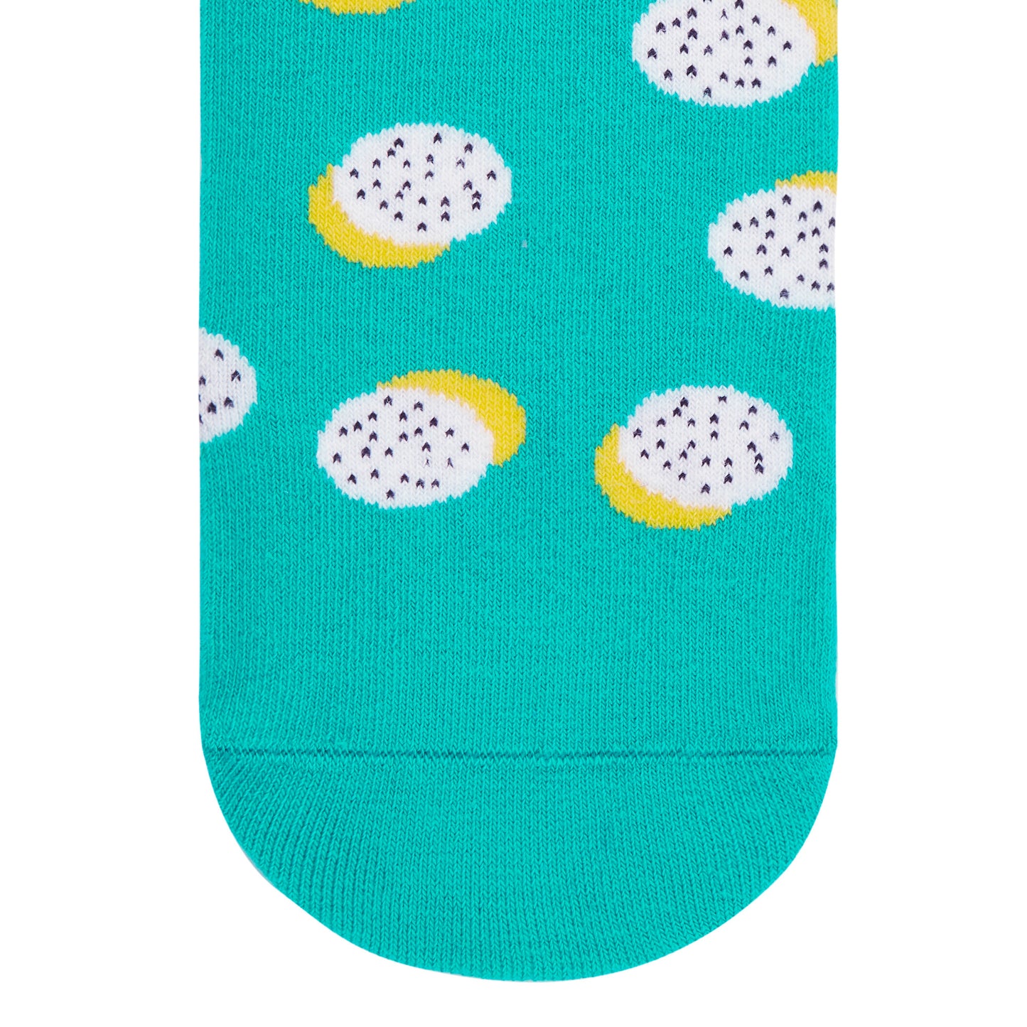 Polka dragon fruit crew socks close up — turquoise with white and yellow fruit design — Dynamocks