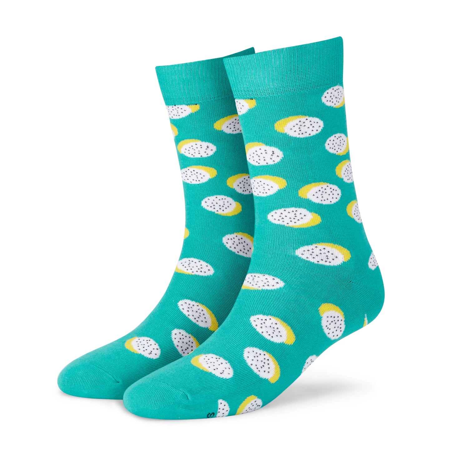 Polka dragon fruit crew socks flat lay — turquoise with white and yellow fruit design — Dynamocks