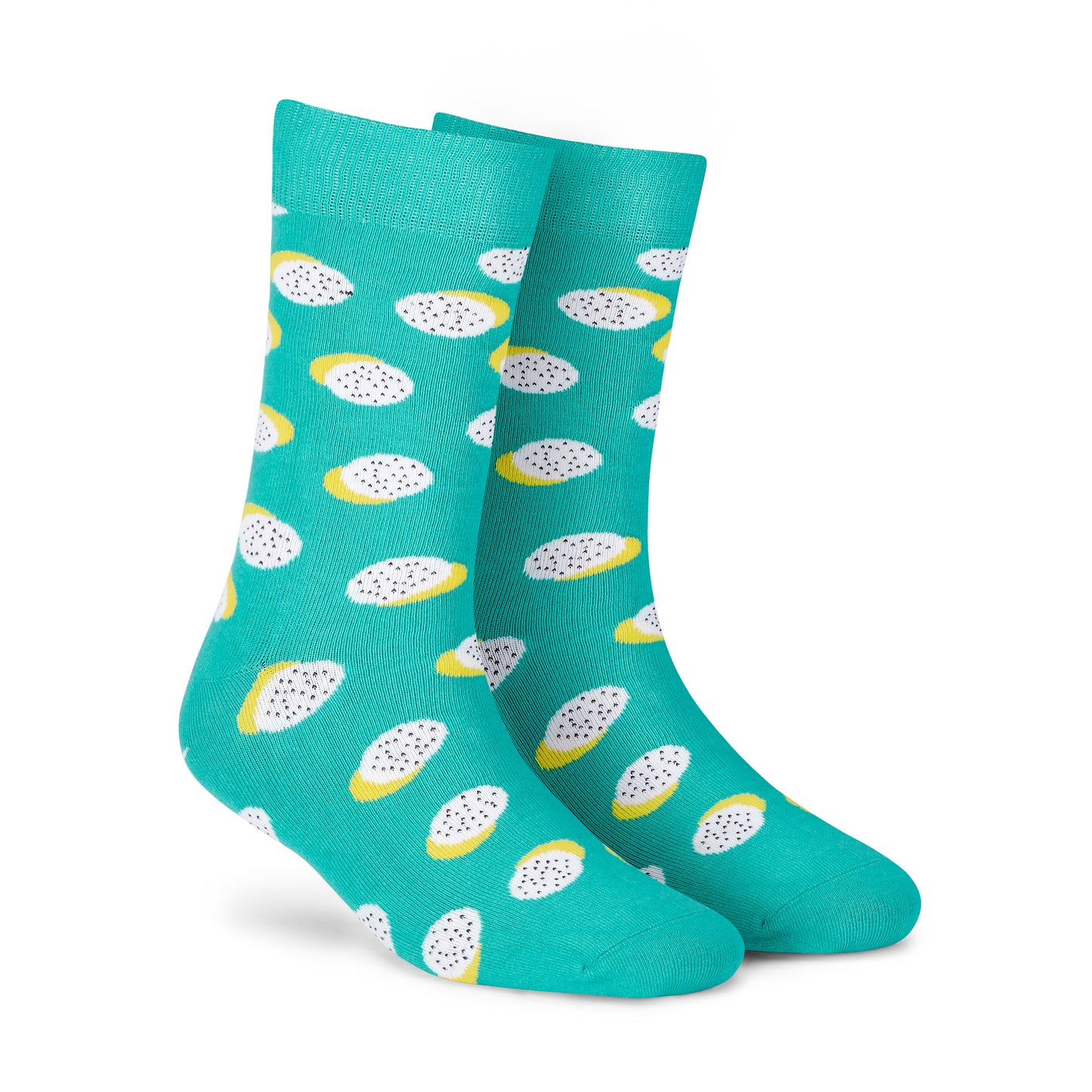 Polka dragon fruit crew socks — turquoise with white and yellow fruit design — Dynamocks
