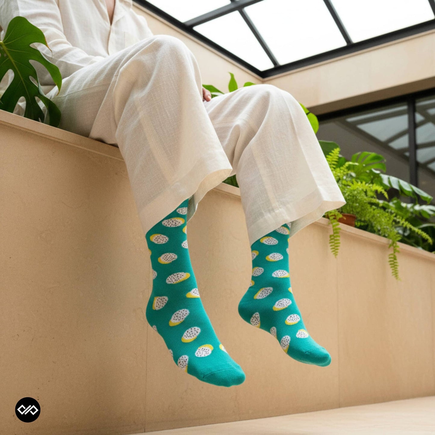 Polka dragon fruit crew socks for men styled with cream linen trousers in a sunlit conservatory — Dynamocks