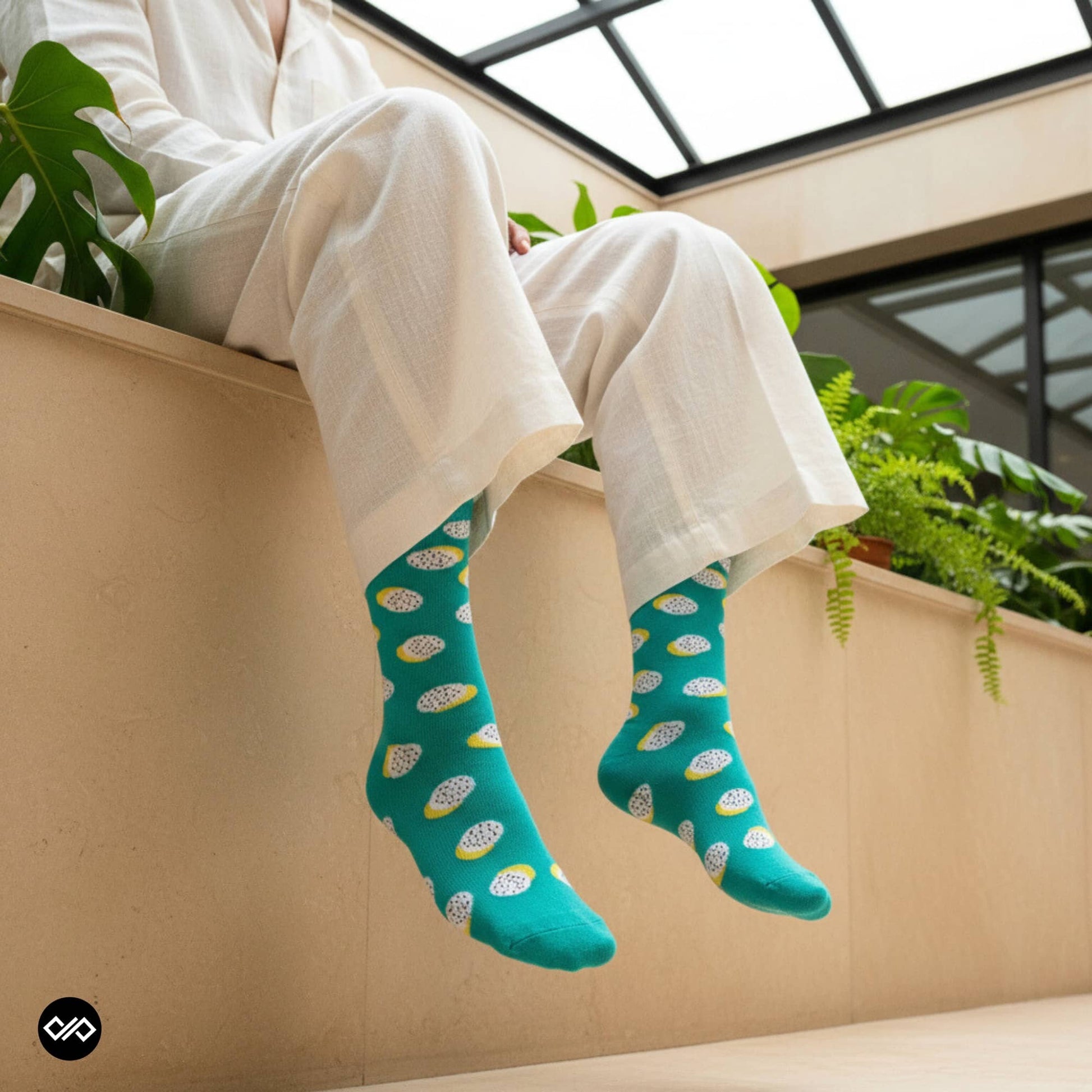 Polka dragon fruit crew socks for men styled with cream linen trousers in a sunlit conservatory — Dynamocks