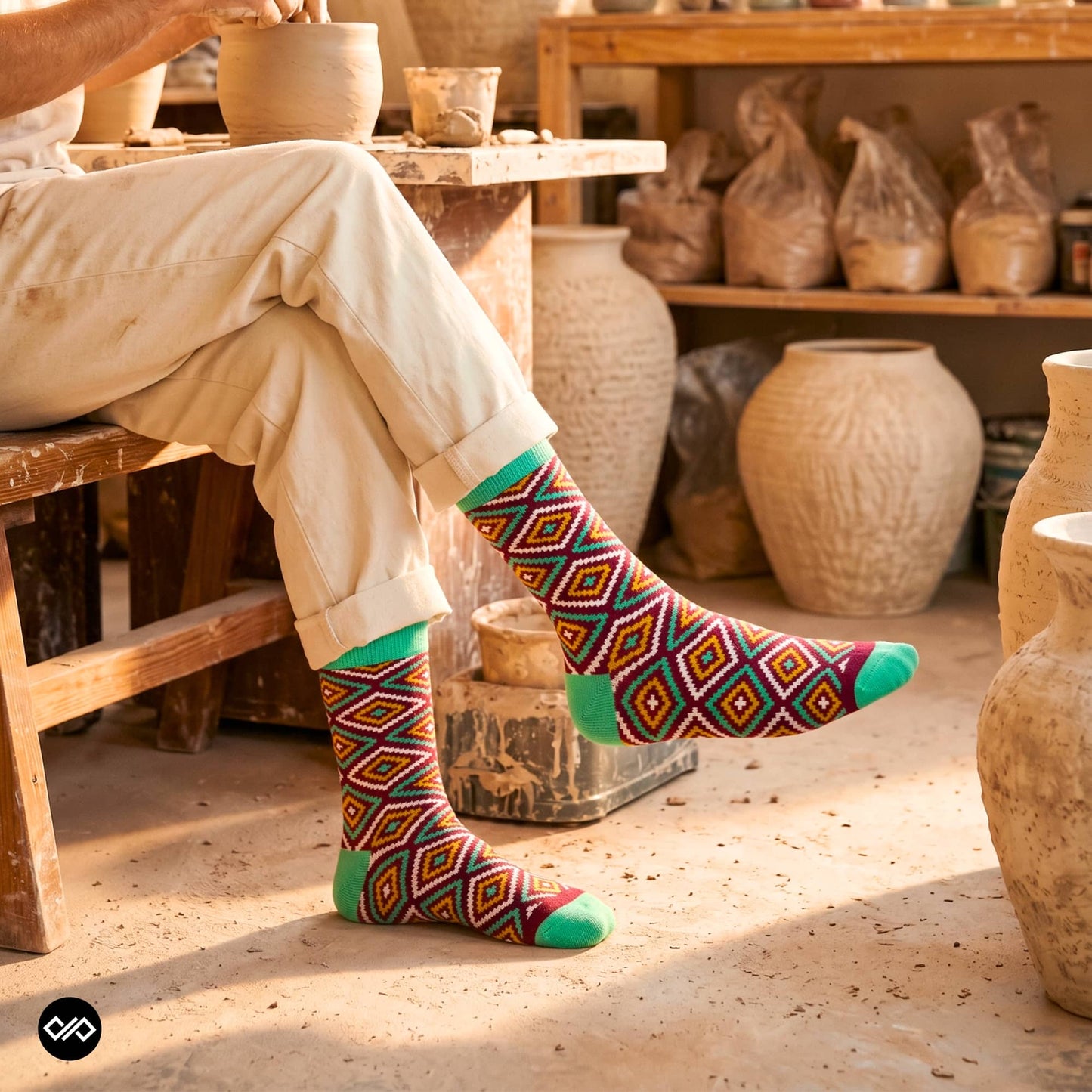 Rangoli crew socks at pottery workshop — Indian ethnic diamond design with mint cuff — Dynamocks India