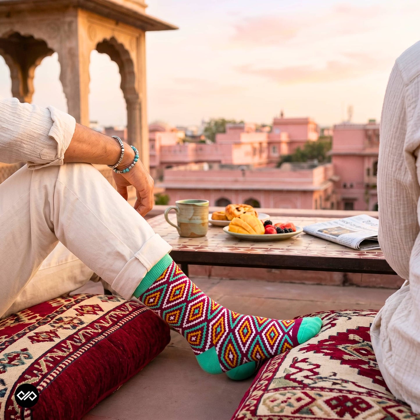 Rangoli Indian ethnic crew socks on kilim rug — maroon, mustard & mint heritage diamond pattern — Dynamocks