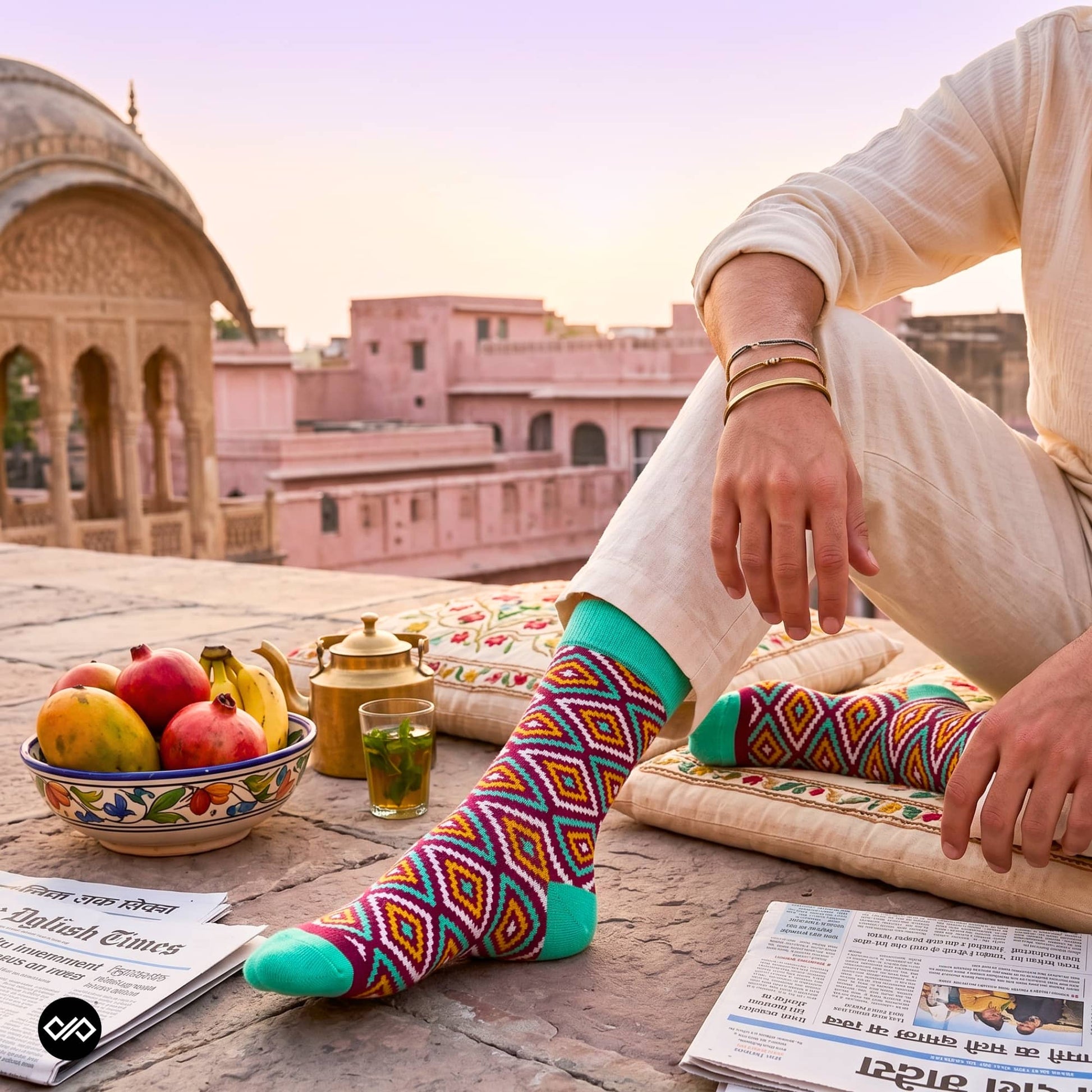 Rangoli funky Indian crew socks for men styled with kurta on Jaipur rooftop — heritage diamond design — Dynamocks