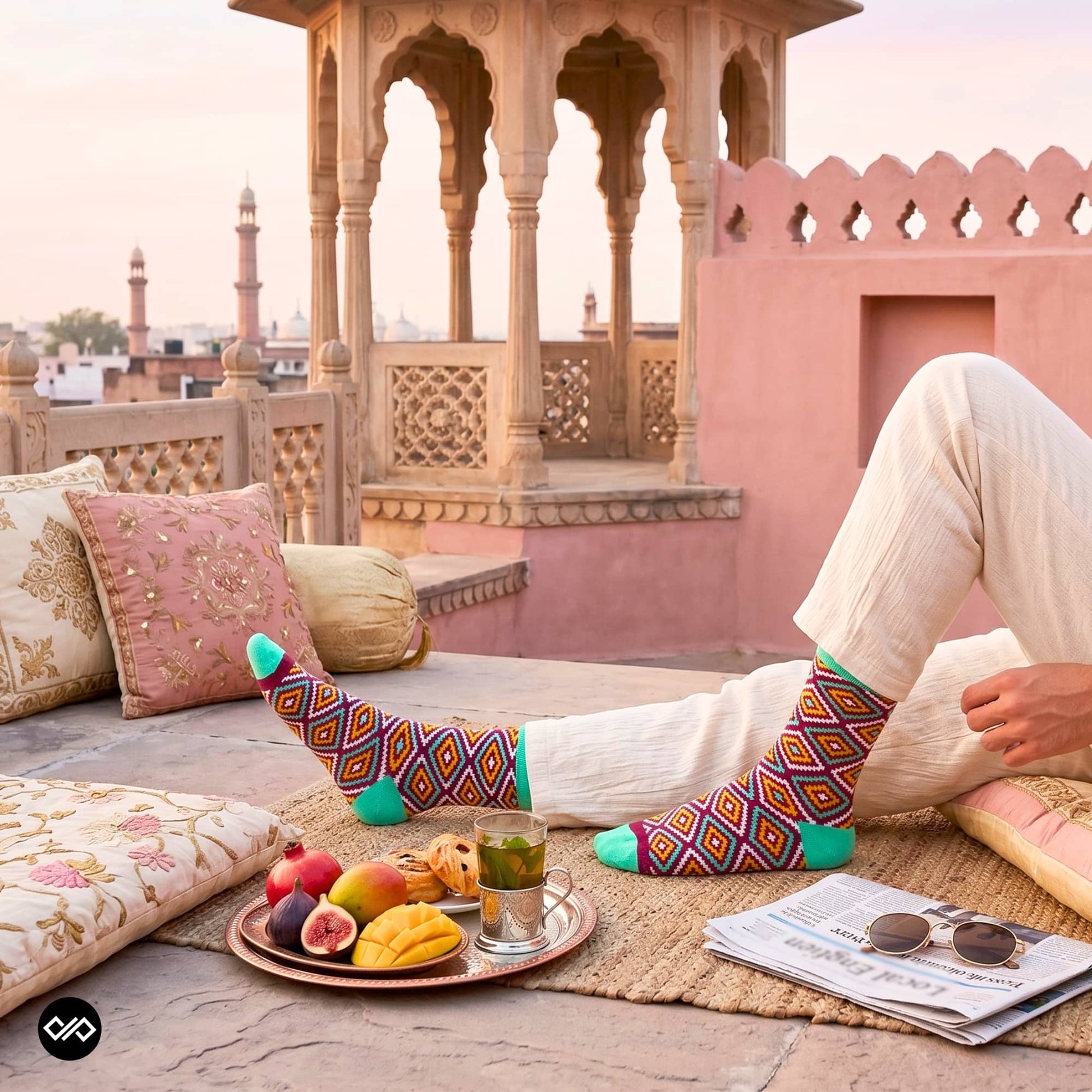 Rangoli Indian ethnic crew socks at Rajasthani palace rooftop — maroon, mustard & mint diamond pattern — Dynamocks