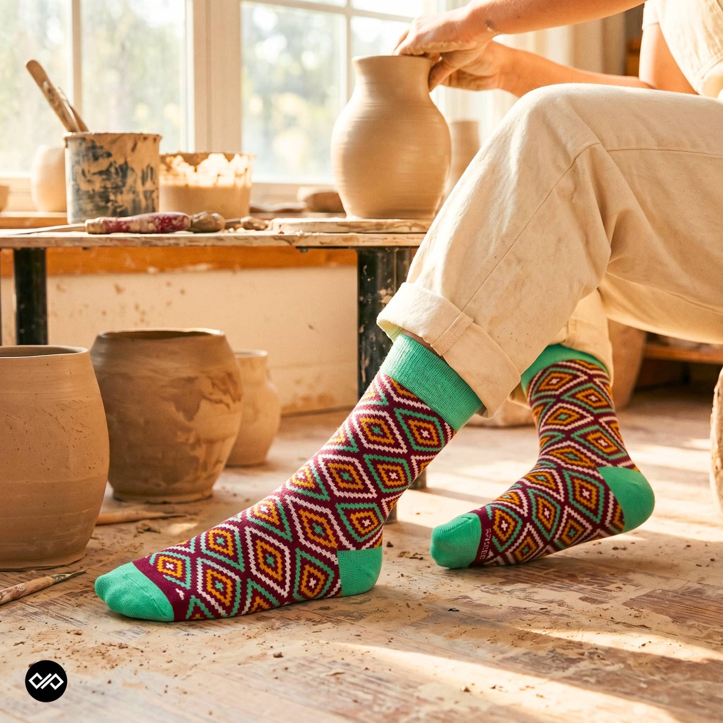 Rangoli Indian ethnic crew socks for men styled with cream linen at pottery studio — Dynamocks India