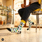 Rickshaw Indian crew socks at chai café — auto-rickshaw design on white with yellow cuff — Dynamocks India