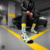 Rickshaw Indian crew socks for men styled with formal trousers and leather jacket — auto-rickshaw design — Dynamocks