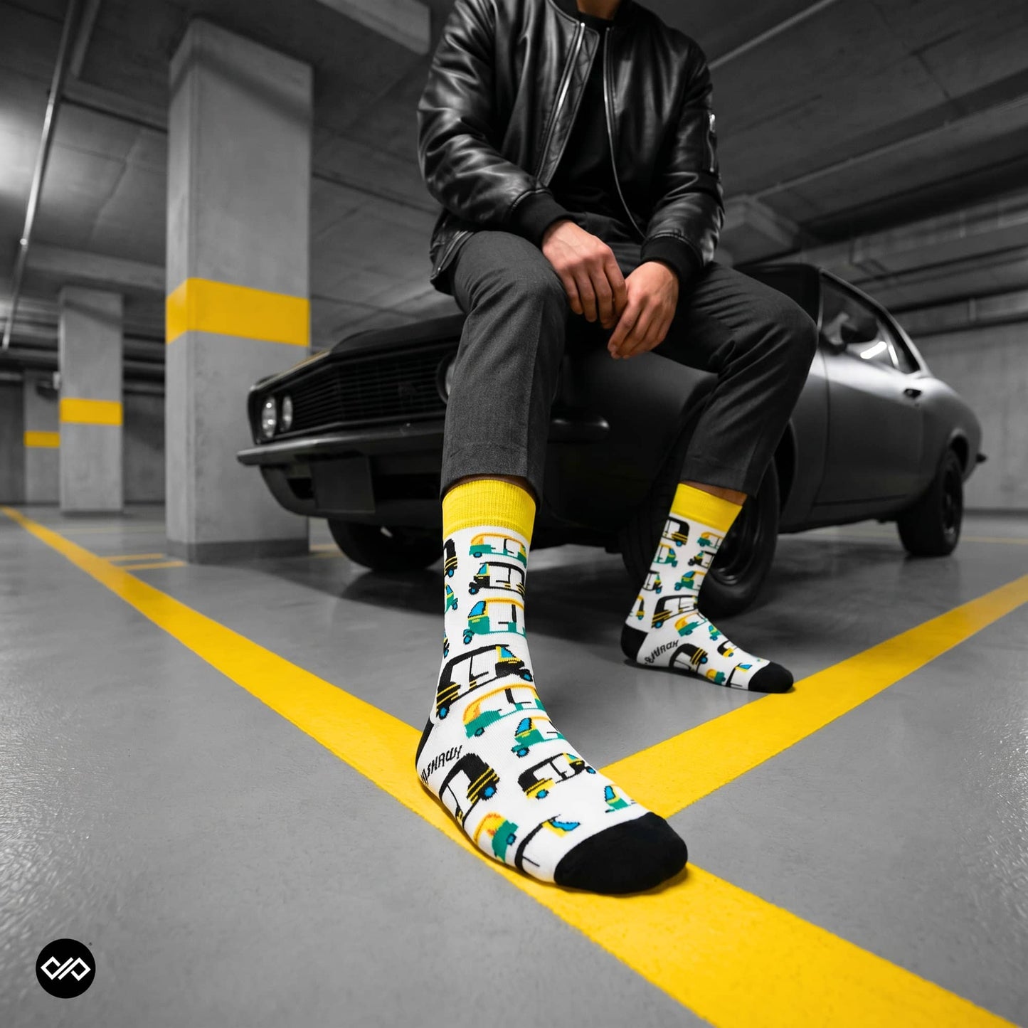 Rickshaw Indian crew socks for men styled with formal trousers and leather jacket — auto-rickshaw design — Dynamocks
