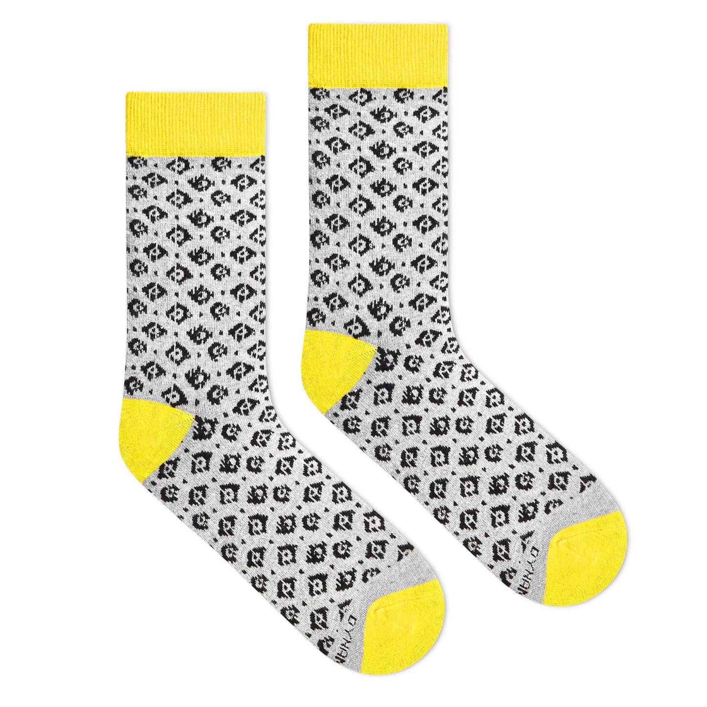Rogue folk-pattern crew socks pair flat lay with yellow cuff, heel and toe — Dynamocks