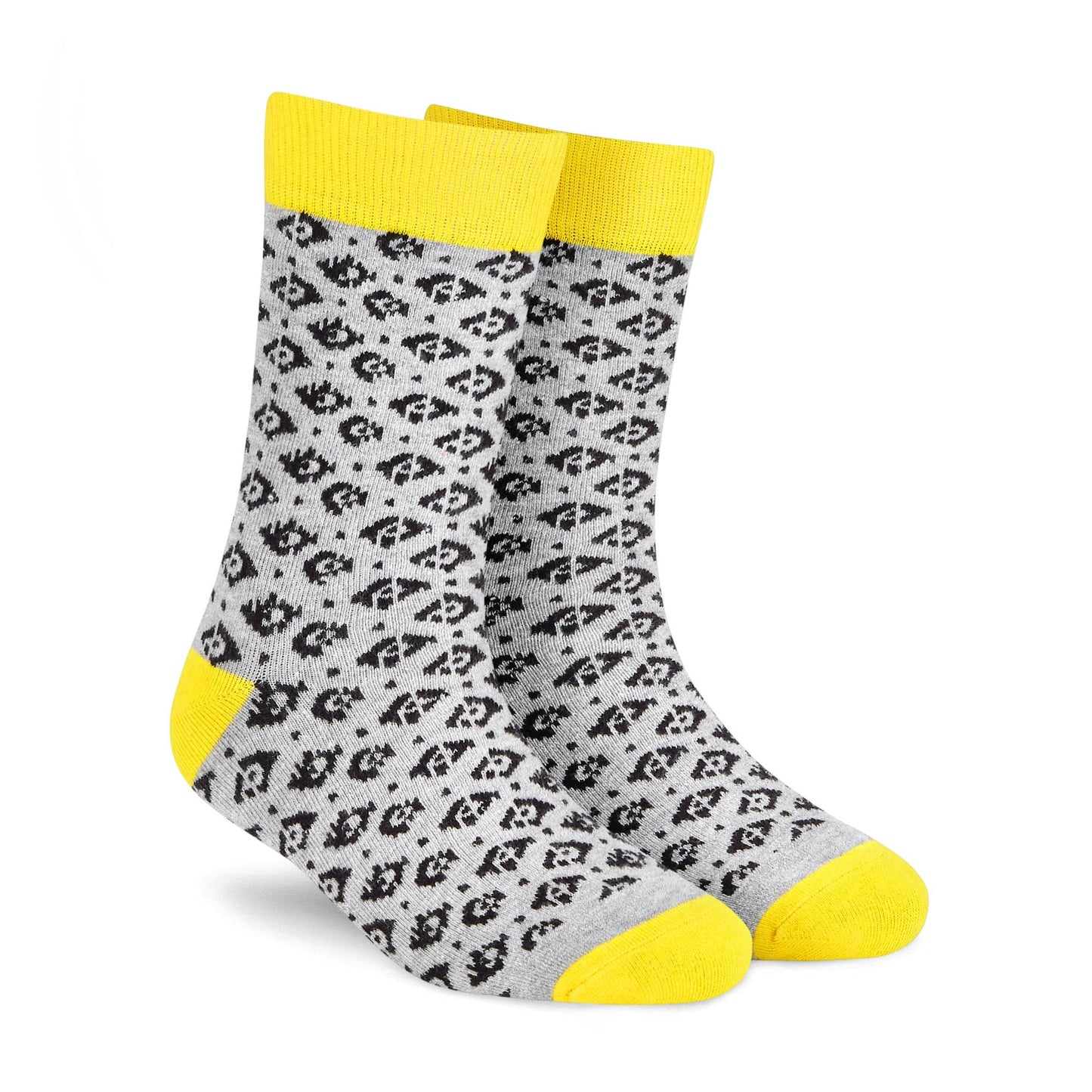 Rogue grey, black and yellow folk-pattern crew socks pair standing front view — Dynamocks