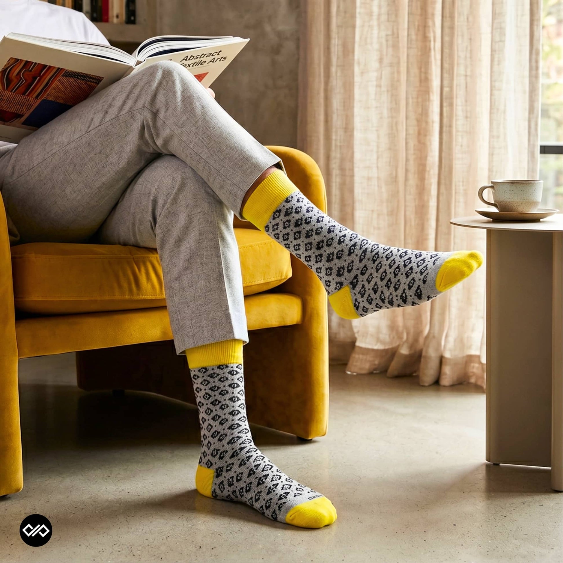 Rogue folk-pattern crew socks worn with light grey chinos on a mustard yellow ottoman — Dynamocks