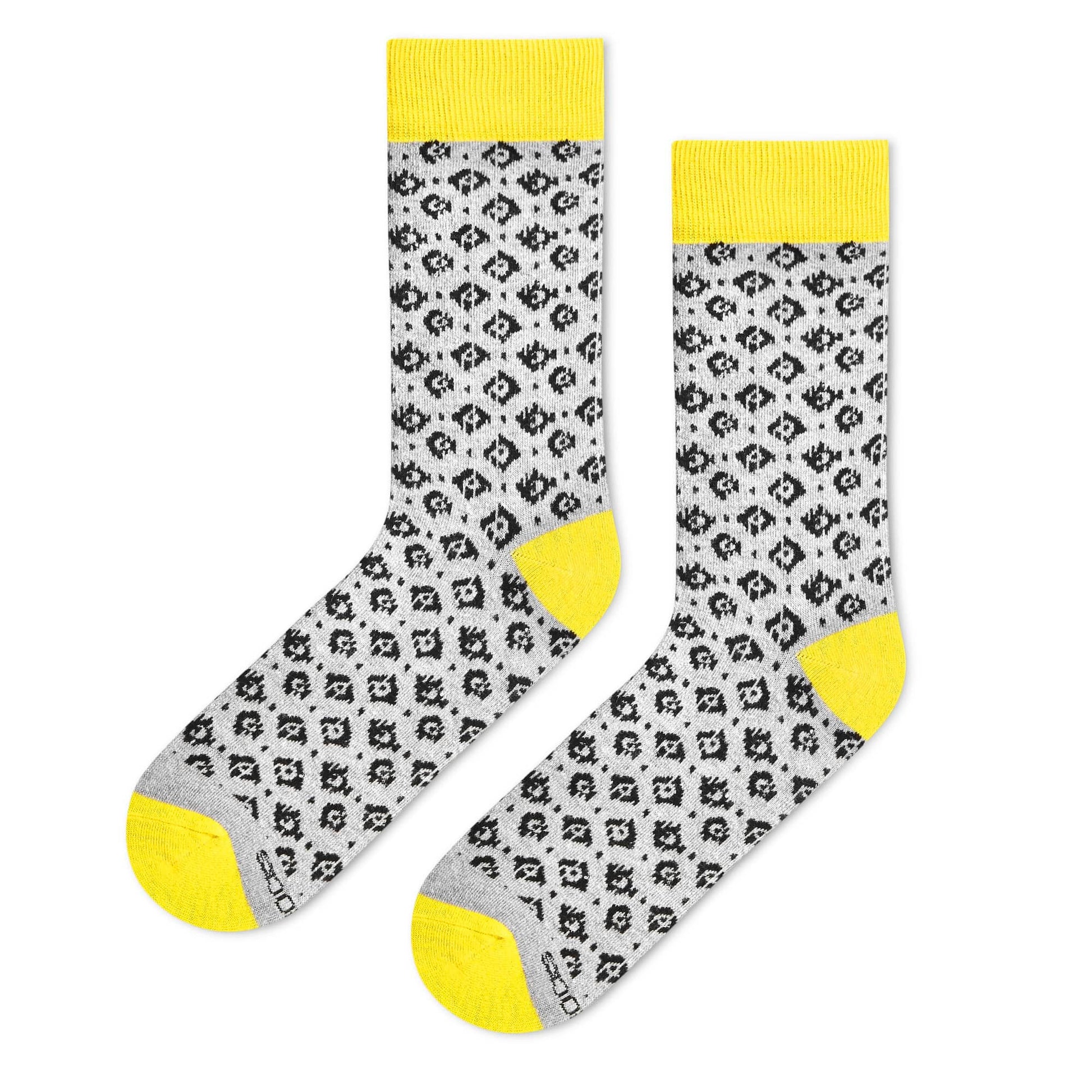 Rogue grey-and-black folk-pattern crew socks side flat lay with yellow contrast trims — Dynamocks