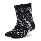 Skeleton black crew socks with white dancing skeleton and red-eyed skull design — Dynamocks