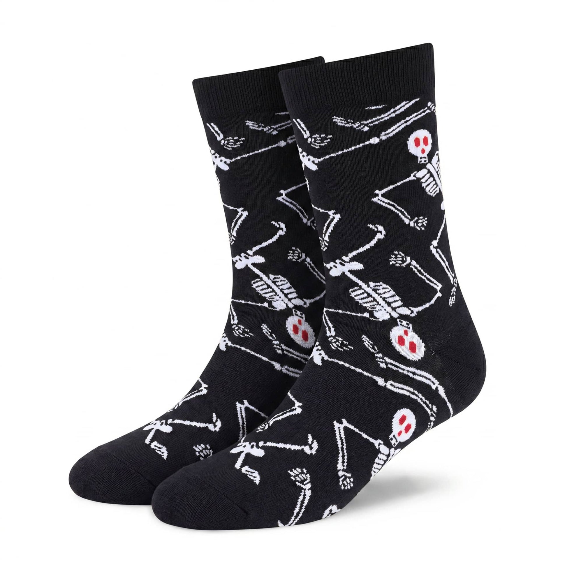 Skeleton black crew socks with white dancing skeleton and red-eyed skull design — Dynamocks
