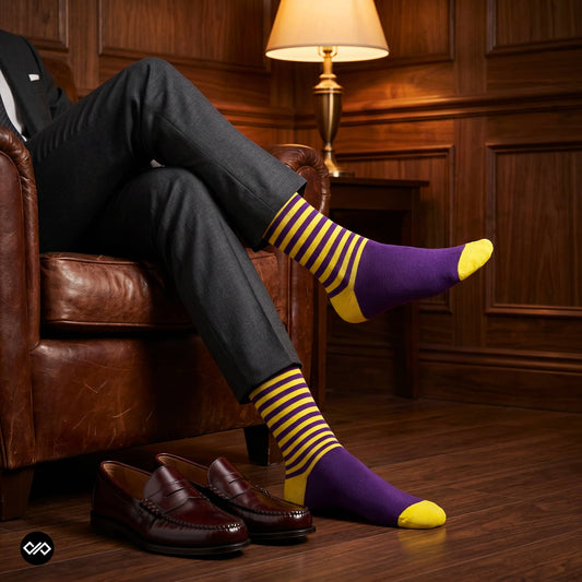 Purple and yellow striped crew socks for men styled with charcoal formal trousers and oxblood loafers — Dynamocks India