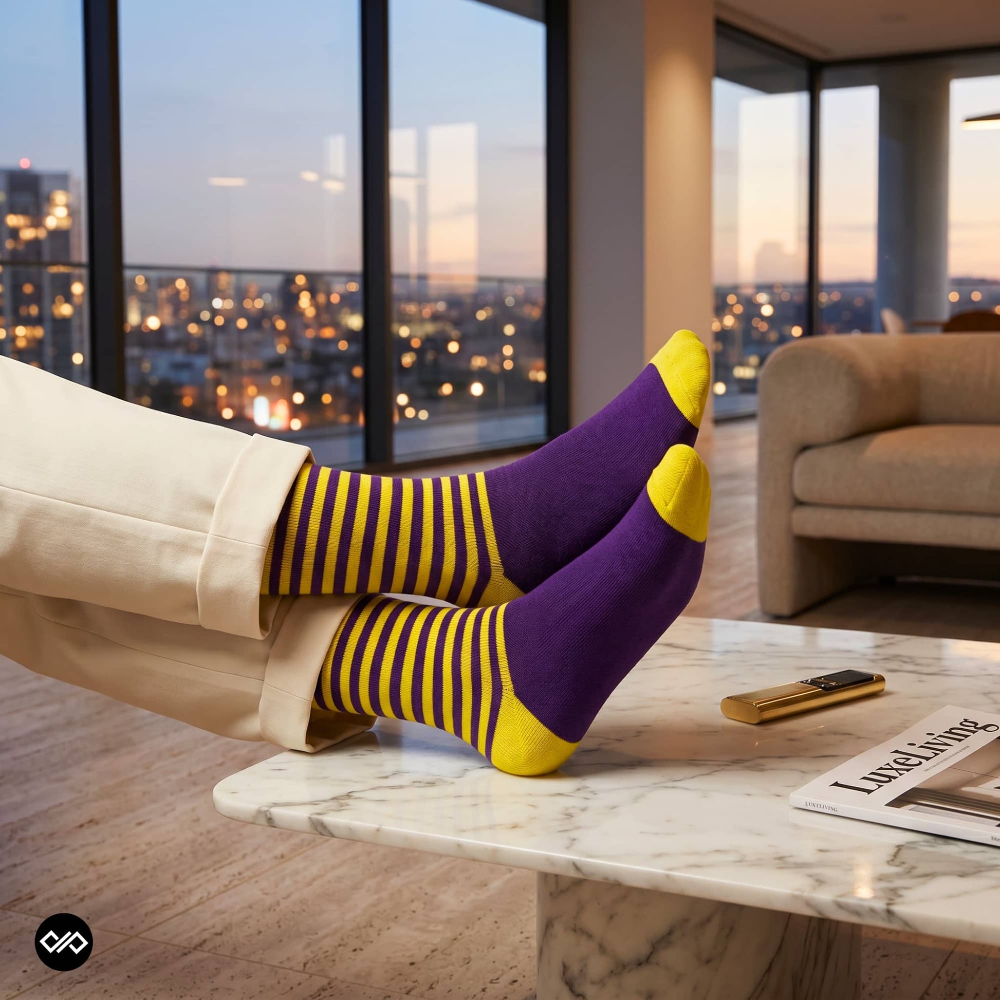 Purple and yellow striped crew socks for men relaxing on a marble table with city view — Dynamocks designer socks