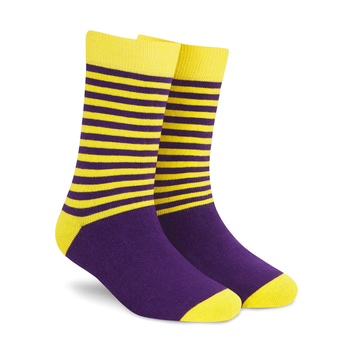 Dynamocks Stripes DUO Purple and Yellow crew length socks - Right Angle