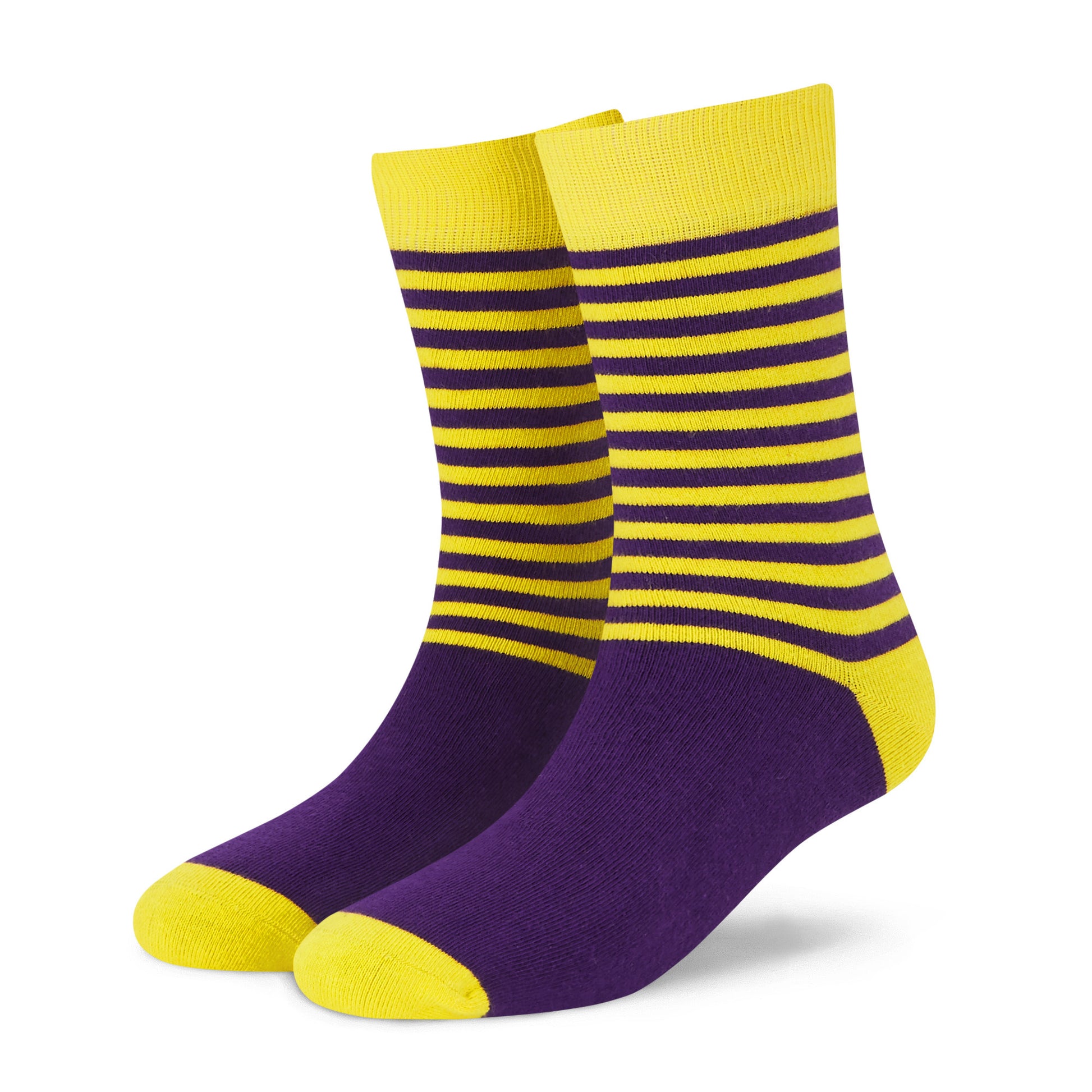 Dynamocks Stripes DUO Purple and Yellow crew length socks - Left Angle