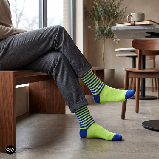 Neon green and blue striped crew socks for men styled with charcoal trousers at a café table — Dynamocks India