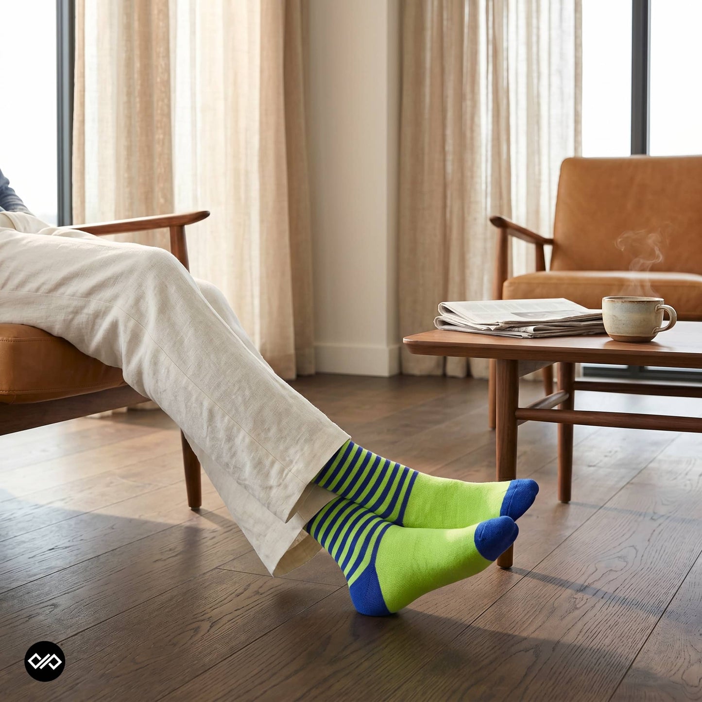 Neon green and blue striped crew socks for men relaxing with linen trousers and coffee — Dynamocks designer socks
