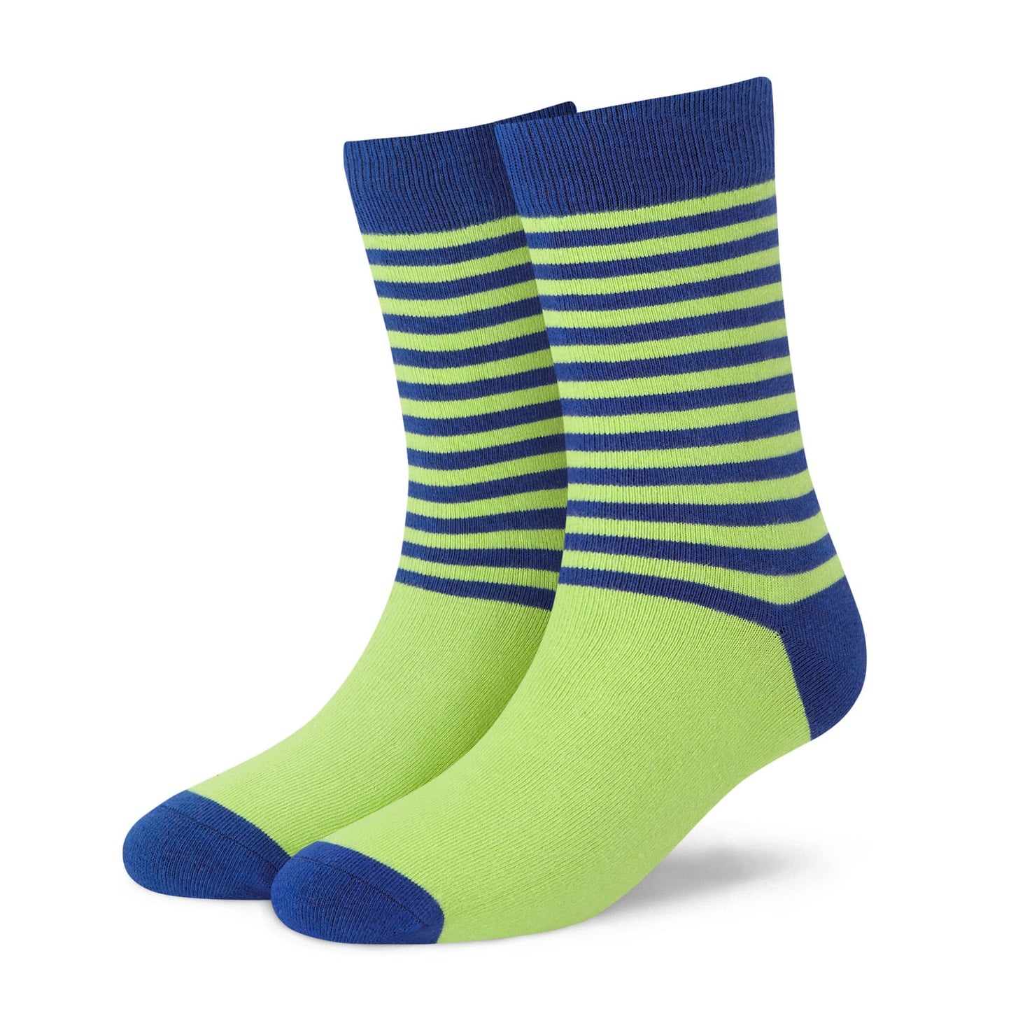 Dynamocks Stripes DUO Neon Green and Royal Blue crew length socks - Left Angle