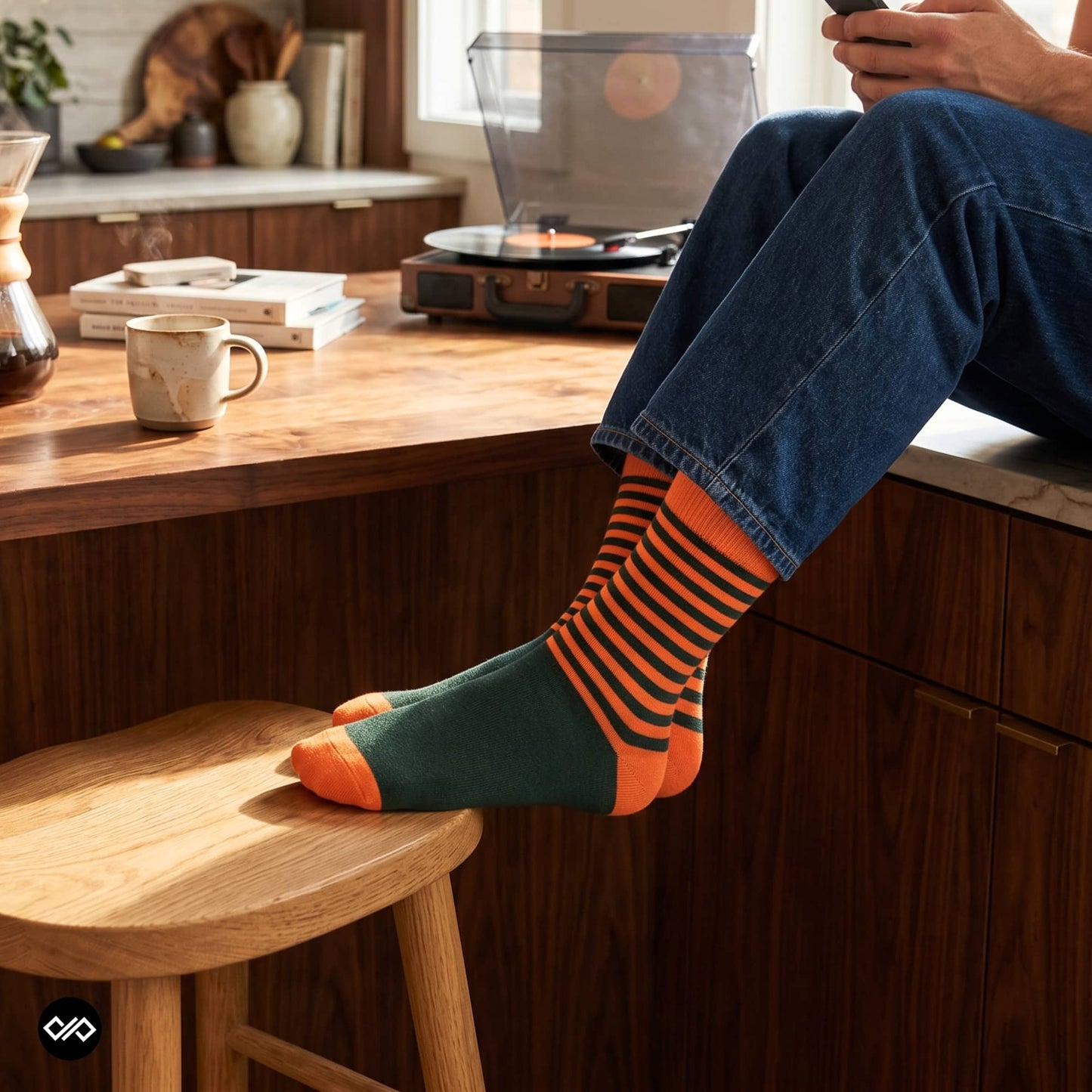 Orange and olive striped crew socks for men styled with dark denim in a modern kitchen — Dynamocks designer socks