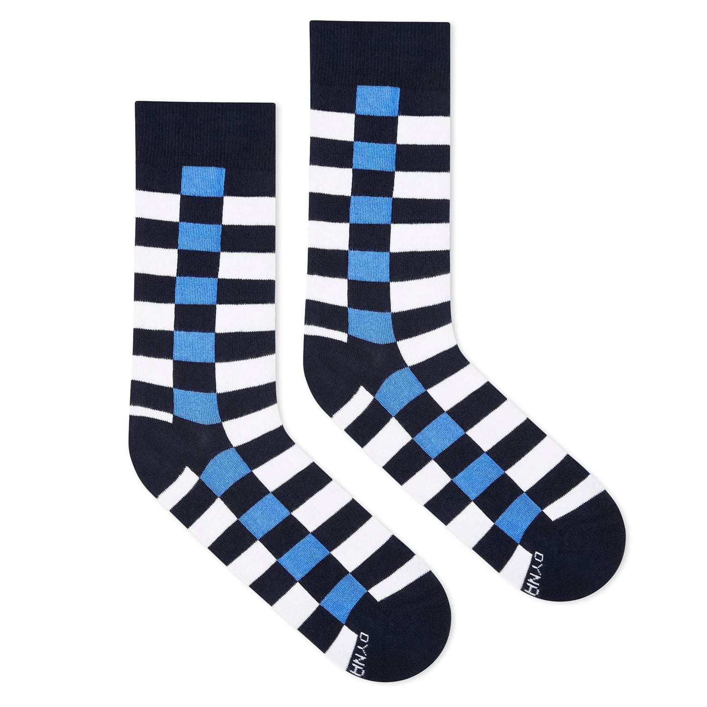 Sublime blue striped crew socks flat lay — navy, royal blue and white design — Dynamocks
