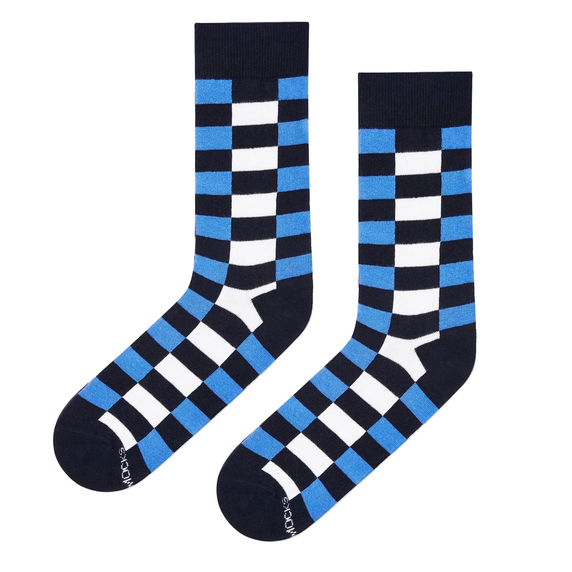 Sublime blue striped crew socks flat lay — navy, royal blue and white design — Dynamocks