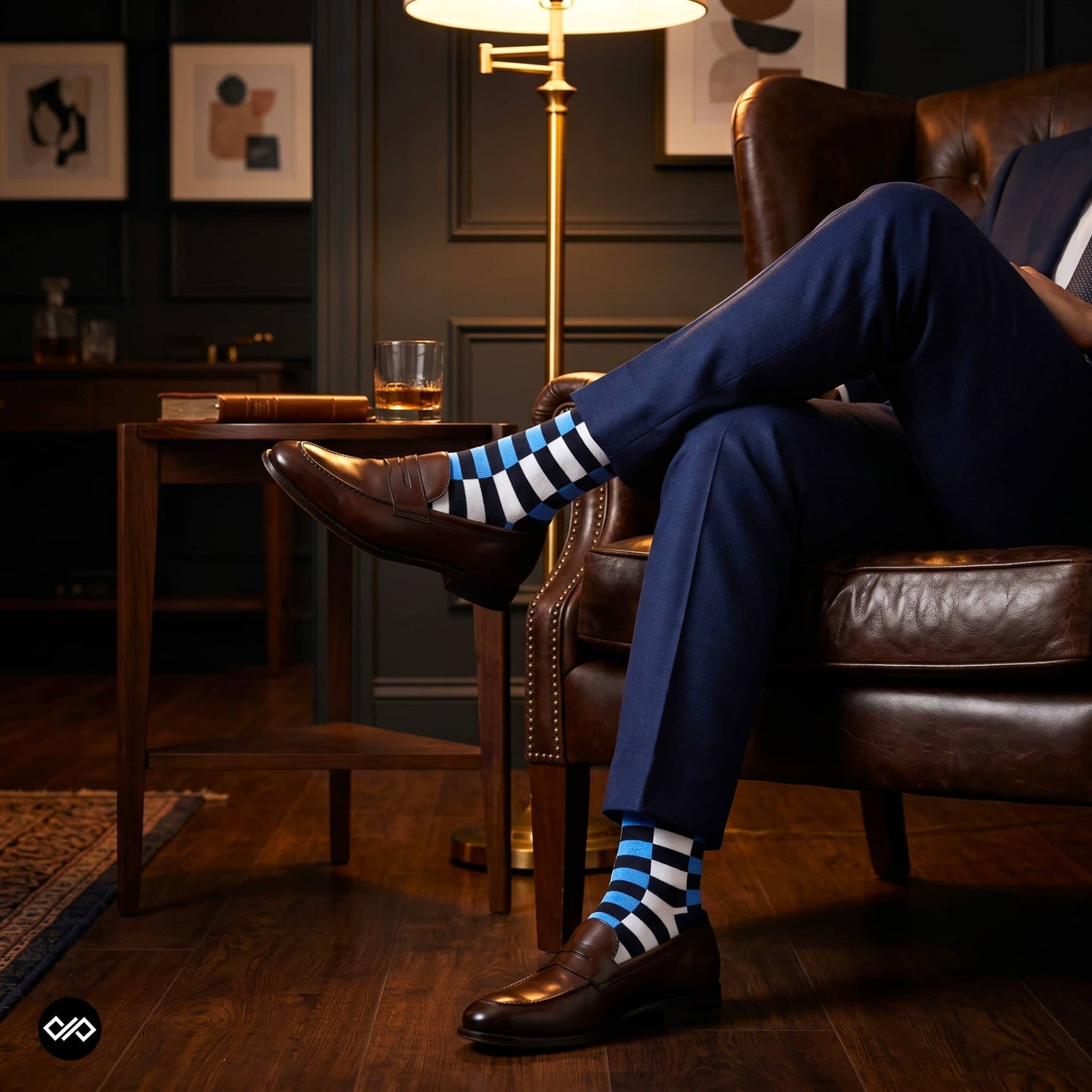 Sublime blue striped crew socks for men styled with navy suit and brown loafers in a leather-chair study — Dynamocks India