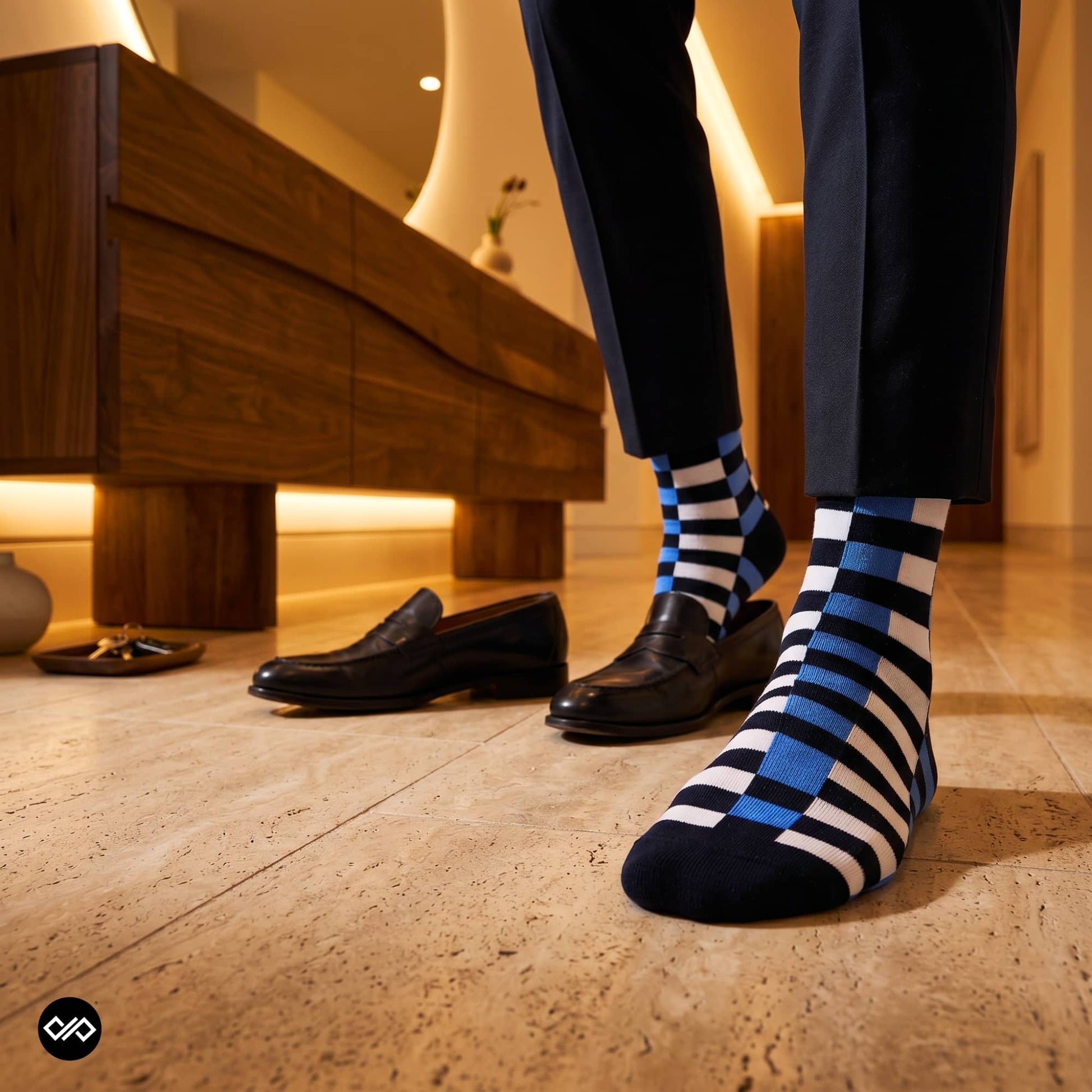 Sublime blue striped crew socks worn barefoot beside black penny loafers in a warm-lit modern foyer — Dynamocks India.