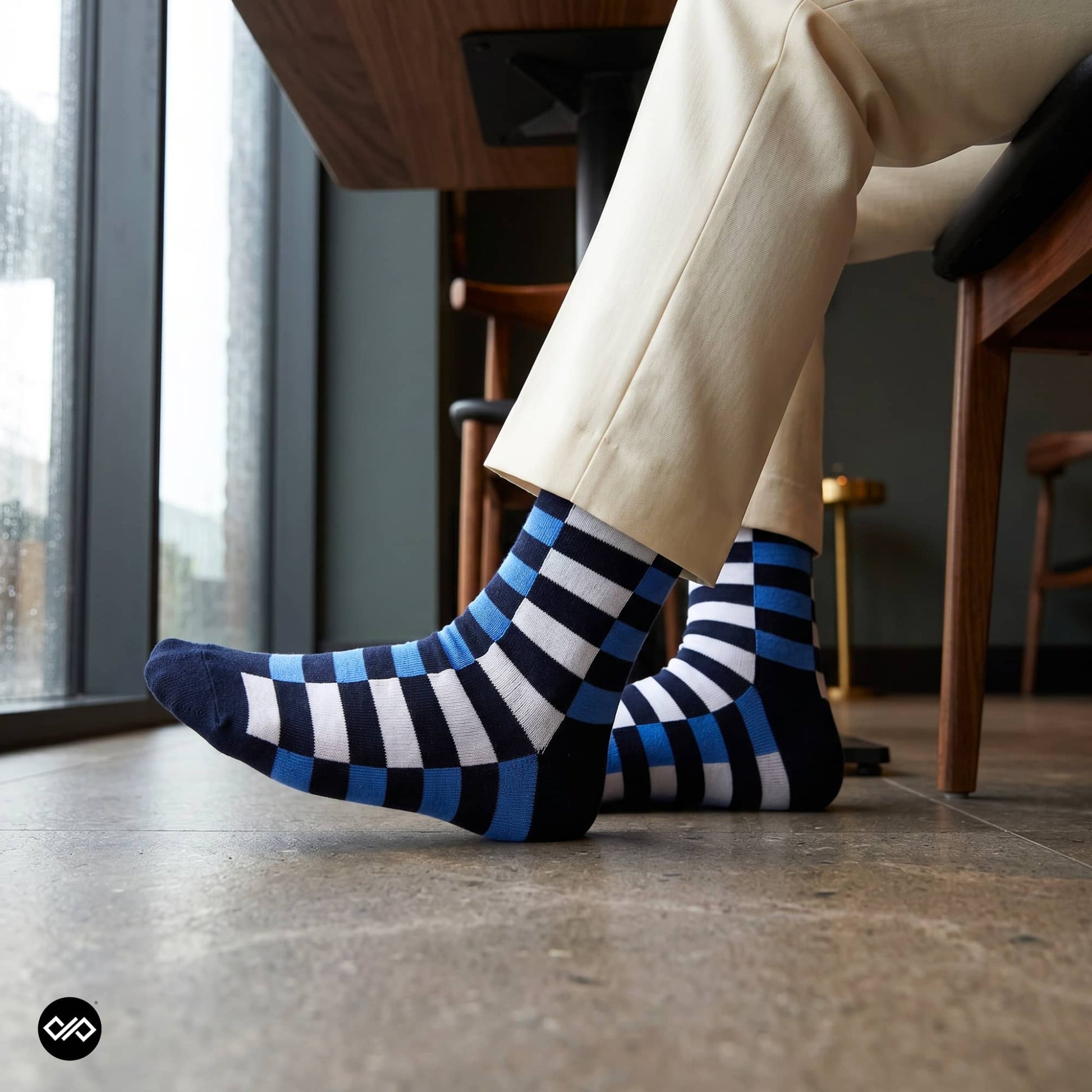 Sublime blue striped crew socks styled with cream trousers in a sunlit café interior — Dynamocks