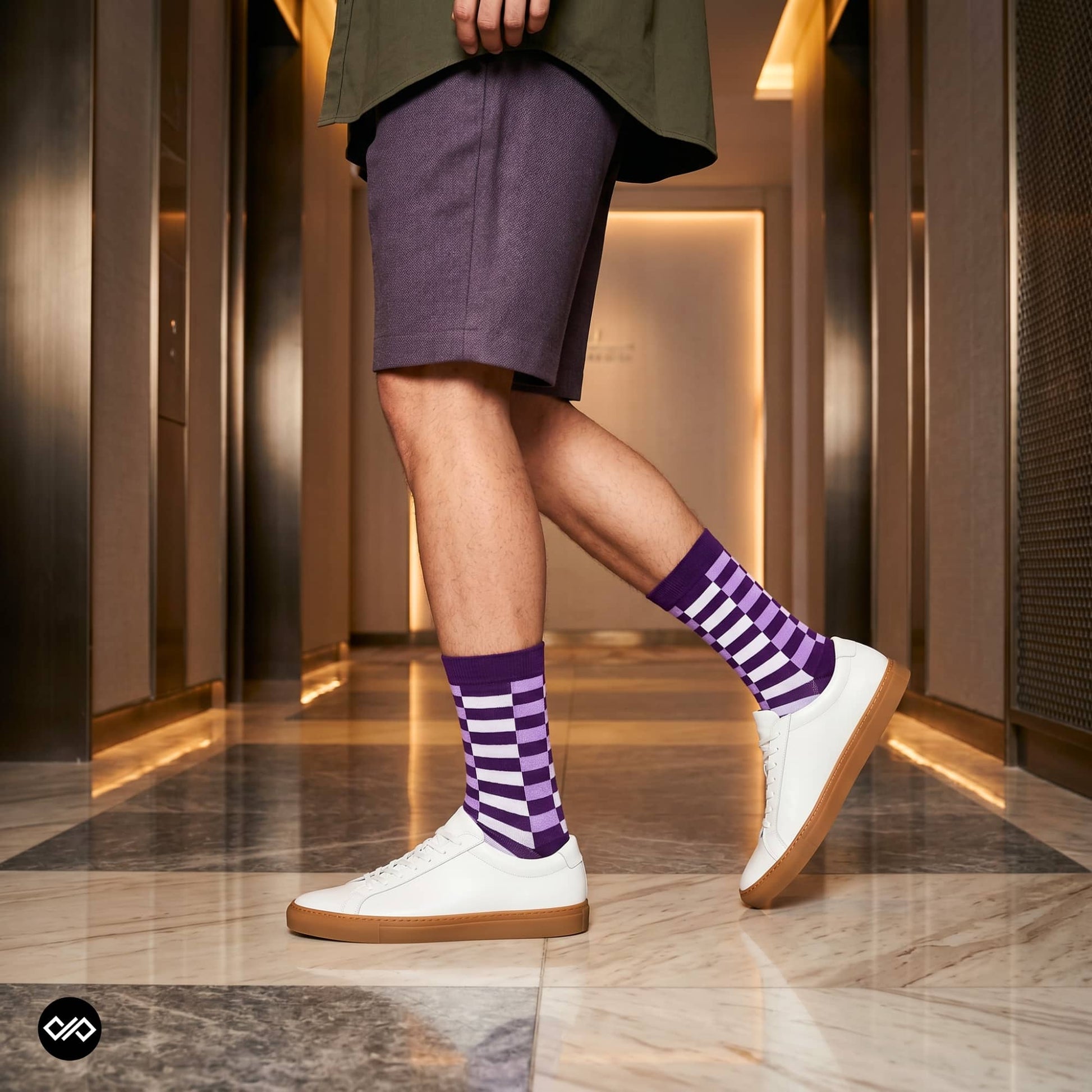 Sublime purple check crew socks styled with purple shorts and white sneakers in modern hallway — Dynamocks