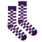 Sublime purple check crew socks flat lay — deep purple, lilac and white squares — Dynamocks