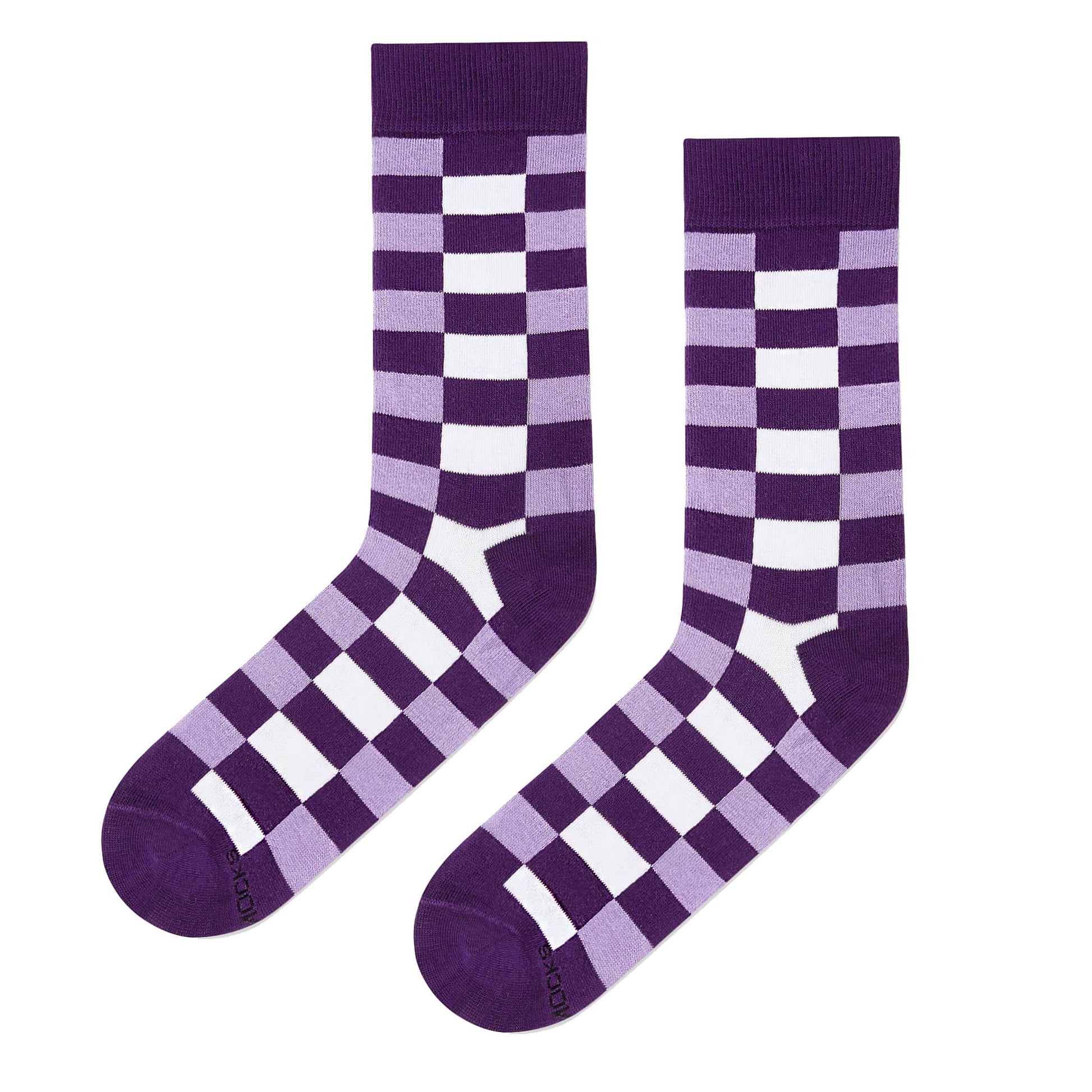 Sublime purple check crew socks flat lay — deep purple, lilac and white squares — Dynamocks