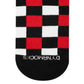 Sublime red check crew socks flat lay — bold red, black and white squares — Dynamocks