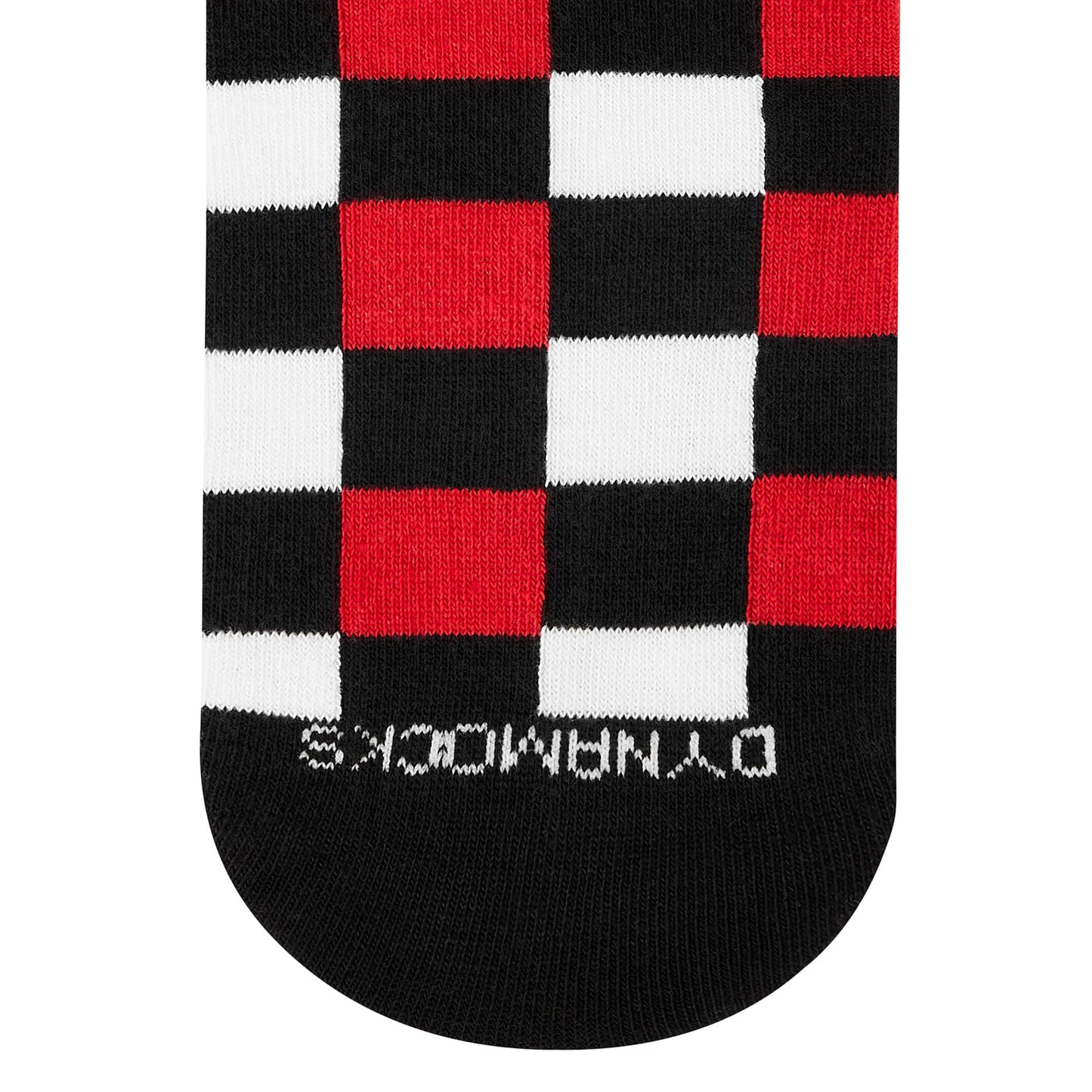 Sublime red check crew socks flat lay — bold red, black and white squares — Dynamocks