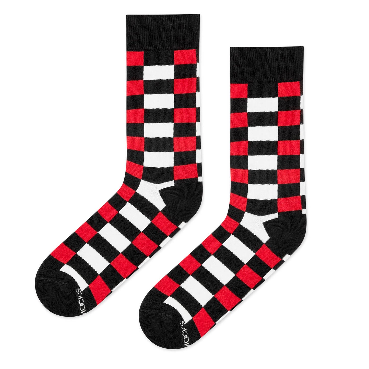 Sublime red check crew socks flat lay — bold red, black and white squares — Dynamocks
