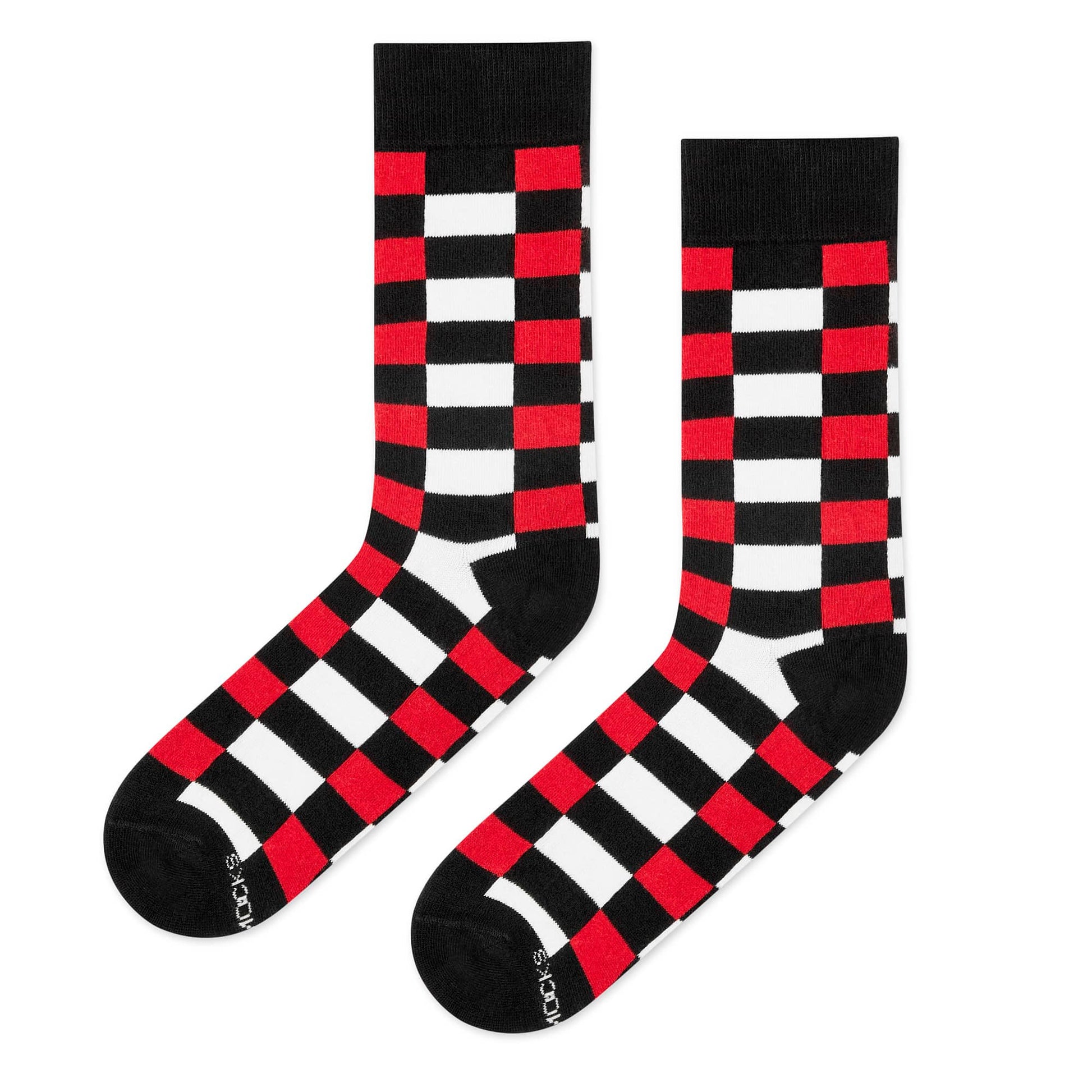Sublime red check crew socks flat lay — bold red, black and white squares — Dynamocks