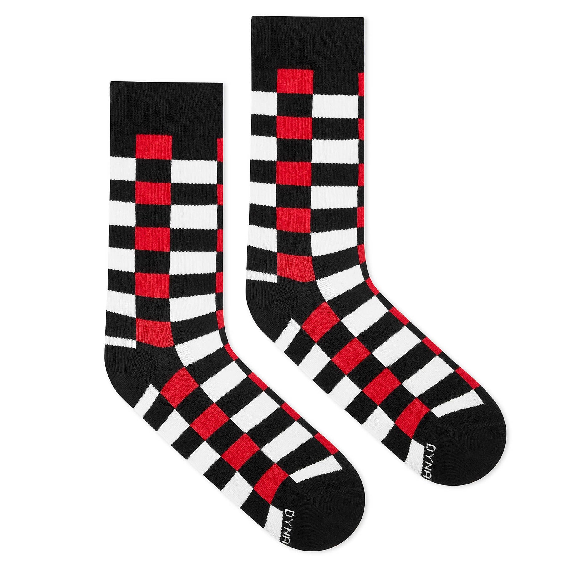 Sublime red check crew socks flat lay — bold red, black and white squares — Dynamocks