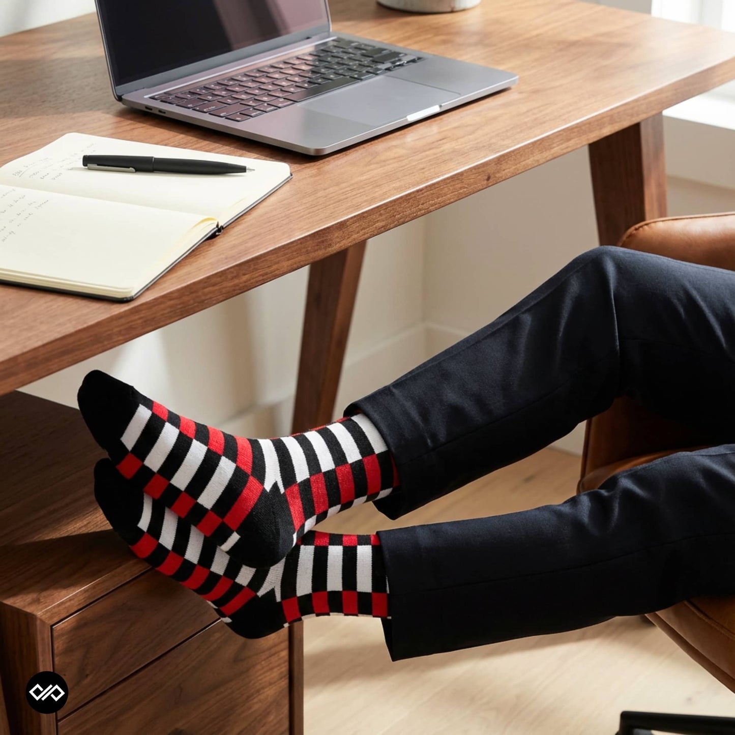 Sublime red check crew socks worn feet-up at a work desk with laptop and notebook — Dynamocks India
