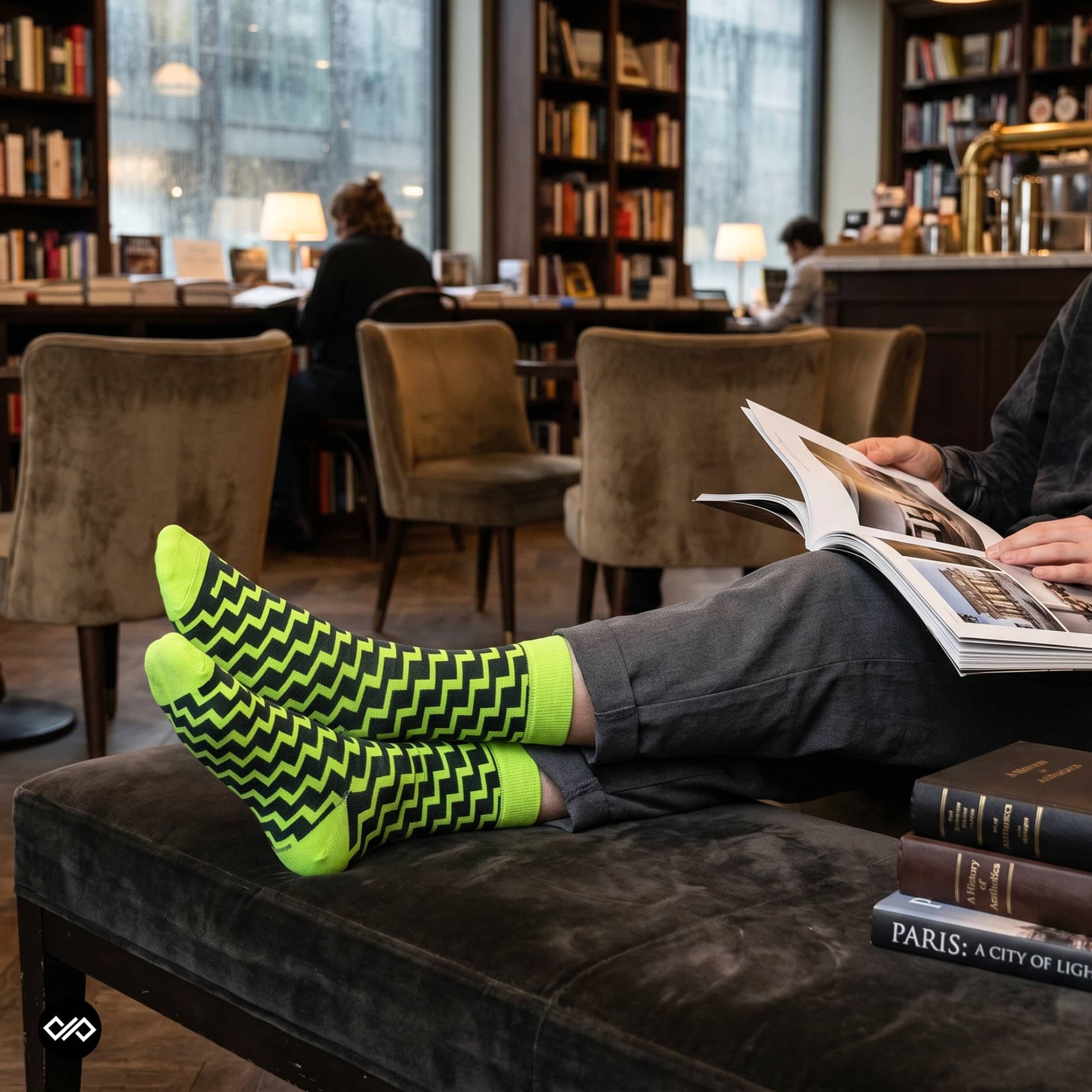 Swank funky crew socks for men styled at library — bright neon green and black chevron — Dynamocks
