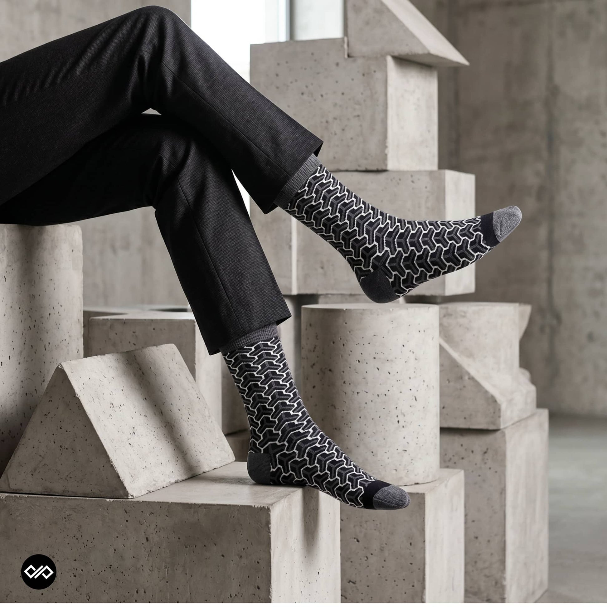 Trios geometric crew socks worn with black trousers in a modern concrete architectural setting — Dynamocks