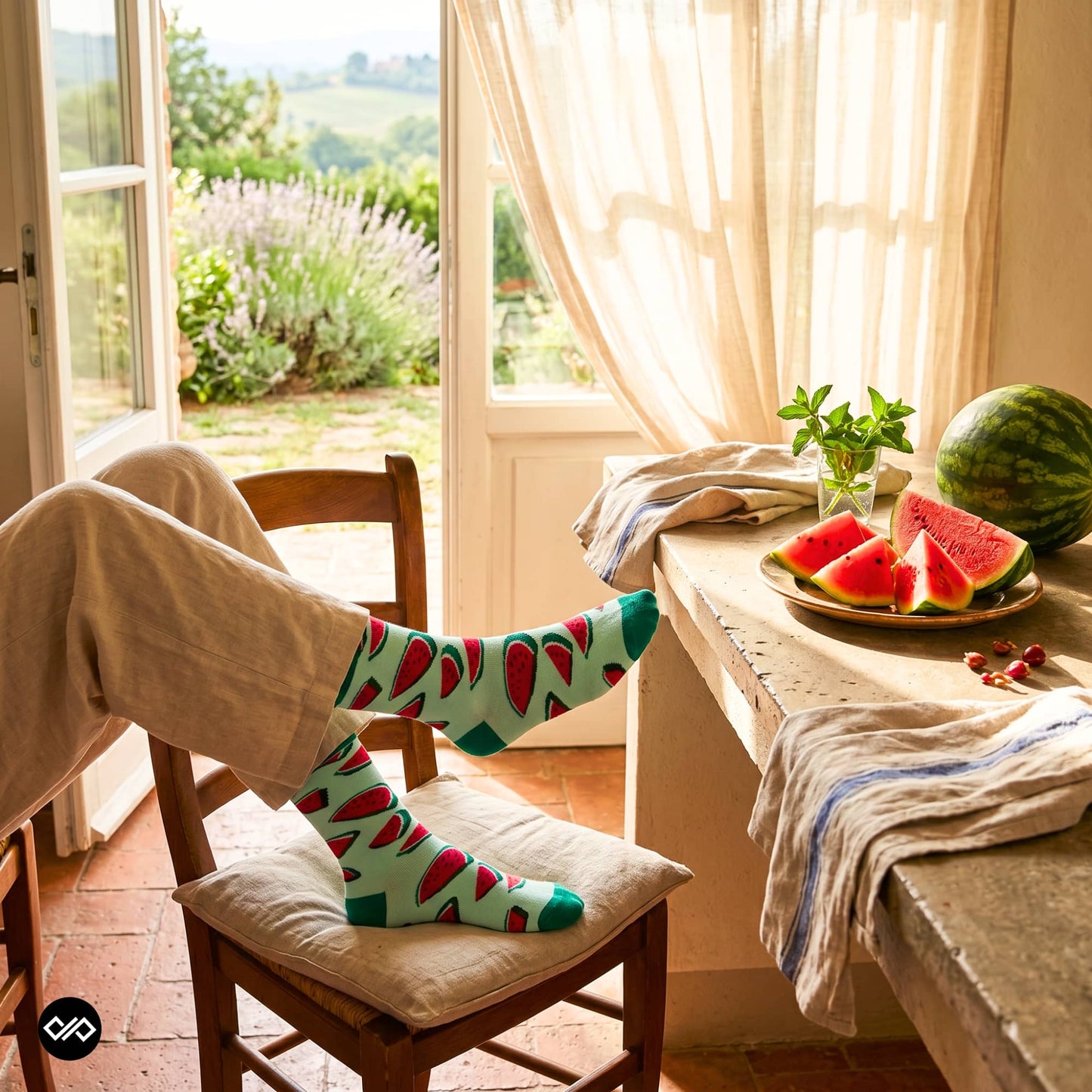 Watermelon crew socks for women styled with linen loungewear — pink and emerald slice design — Dynamocks