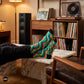 Retro teal and orange crew socks in vinyl listening room – Swoon by Dynamocks