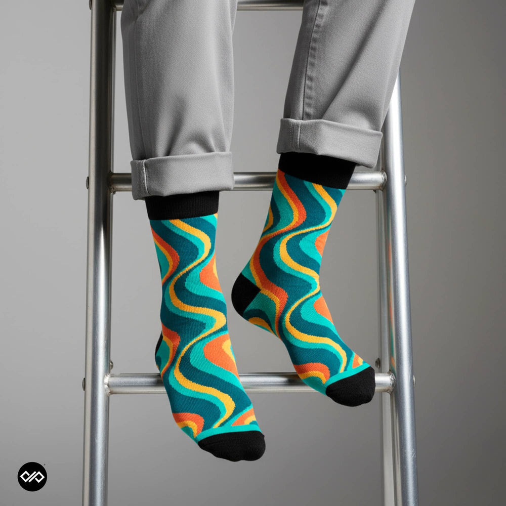 Swoon retro wave crew socks with grey chinos – Dynamocks